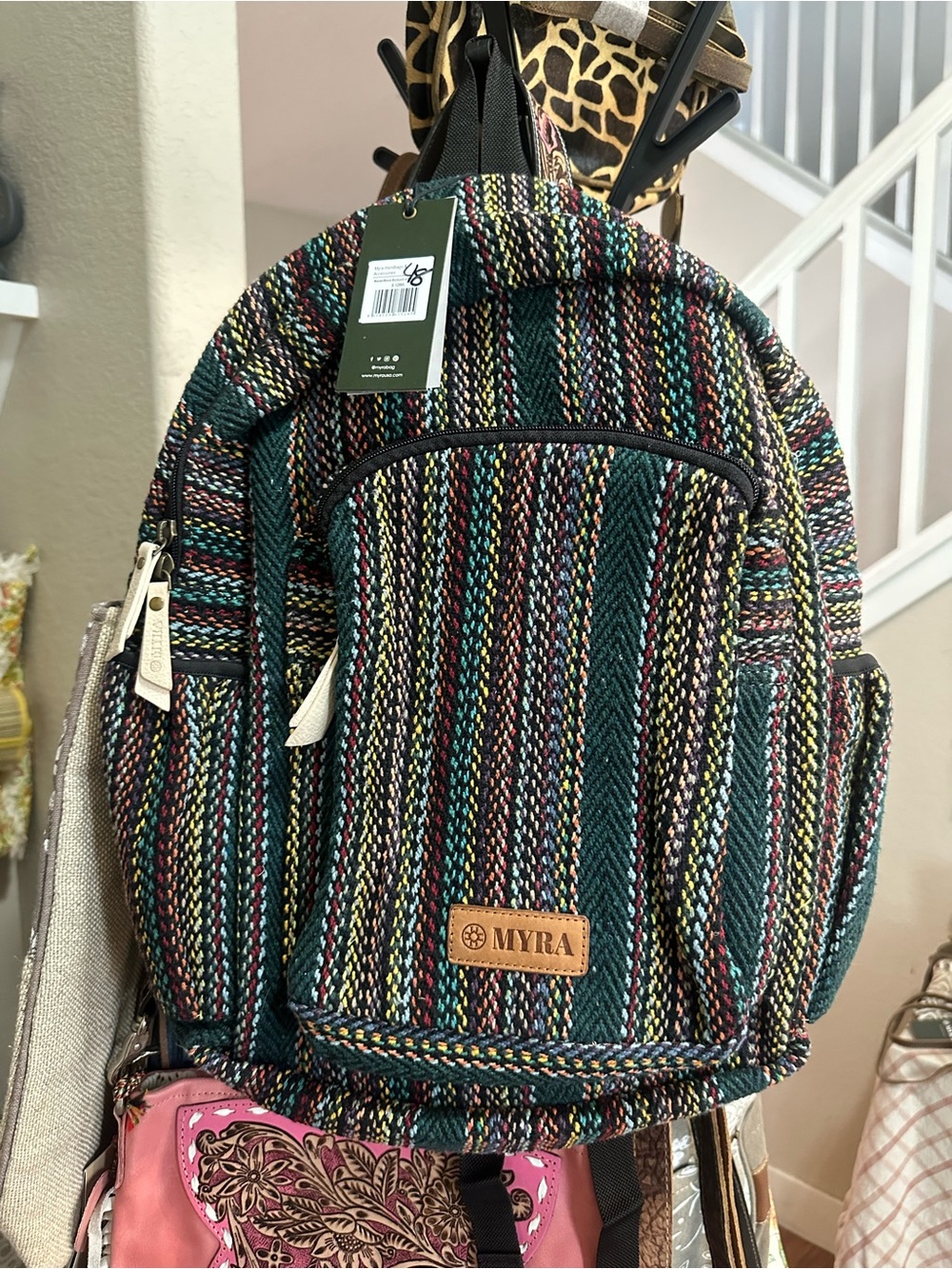 Myra Bag Teal Multicolor Woven Backpack